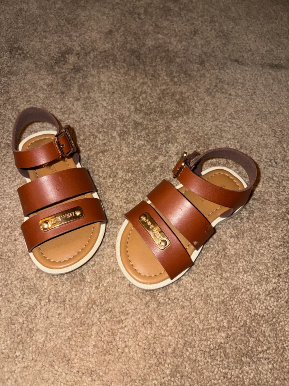 Nine West Kids Tan Brown Triple-Strap Sandals with Gold Accent